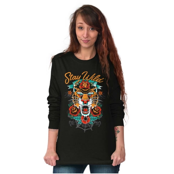 Stay Wild Tiger Head Rose Tattoo Long Sleeve TShirt Men Women Brisco Brands S
