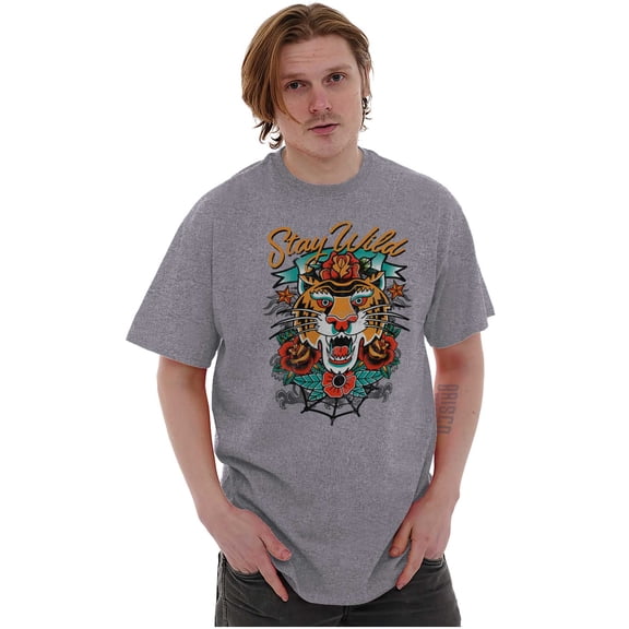 Stay Wild Tiger Head Rose Tattoo Plus Size Crewneck Graphic Tee Shirt Brisco Brands 3X