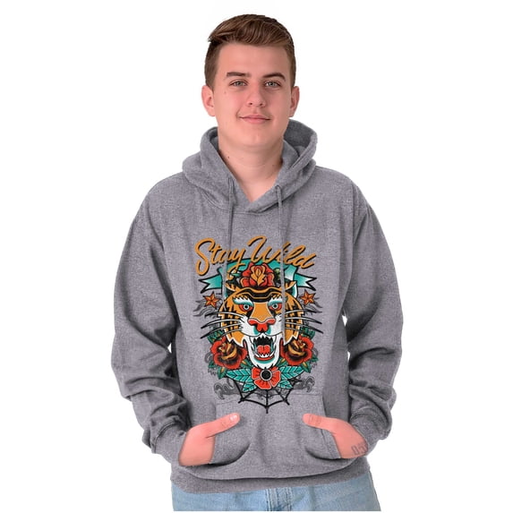Stay Wild Tiger Head Rose Tattoo Unisex Plus Fleece Graphic Hoodie Brisco Brands 2X