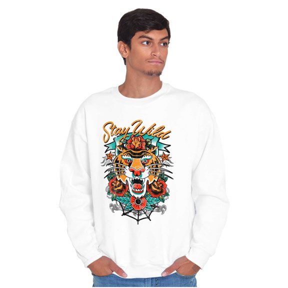 Stay Wild Tiger Head Rose Tattoo Unisex Plus Fleece Graphic Sweatshirt Brisco Brands 3X