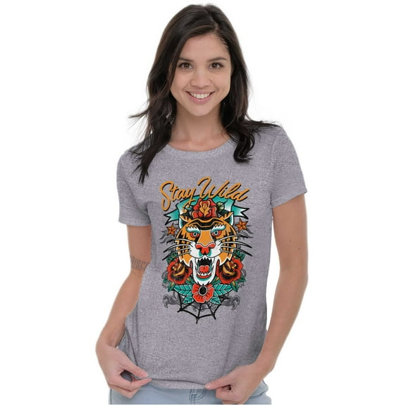 Stay Wild Tiger Head Rose Tattoo Womens Fitted Plus Size Graphic Tee Brisco Brands 2X