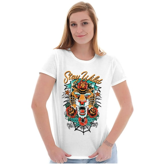 Stay Wild Tiger Head Rose Tattoo Womens Slim Fit Graphic Tee Brisco Brands L
