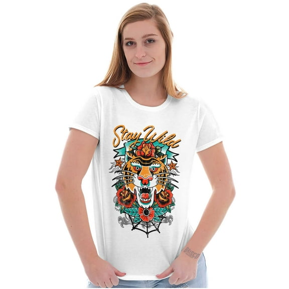 Stay Wild Tiger Head Rose Tattoo Womens Slim Fit Graphic Tee Brisco Brands S
