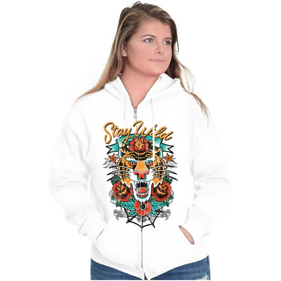 Stay Wild Tiger Head Rose Tattoo Zip Up Hoodie Men's Women's Brisco Brands L