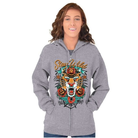 Stay Wild Tiger Head Rose Tattoo Zip Up Hoodie Men's Women's Brisco Brands S
