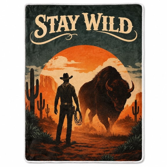 Stay Wild Western Sherpa Blanket, Cowboy Bison Desert Throw