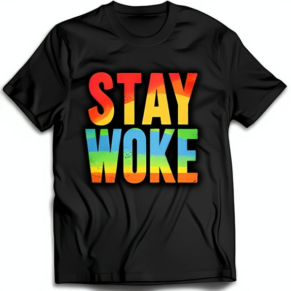 Stay Woke Black T-Shirt with Rainbow Gradient Text Awareness
