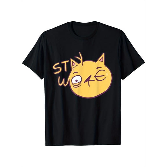 Stay Woke Graphic T-Shirt for Men - 100% Cotton 180gsm Soft & Breathabw & Purple Cartoon Cat Design, S-XXXL Sizes, Casual Streetwear for Holidays, Parties & Casual Attire - Unique Gift Idea