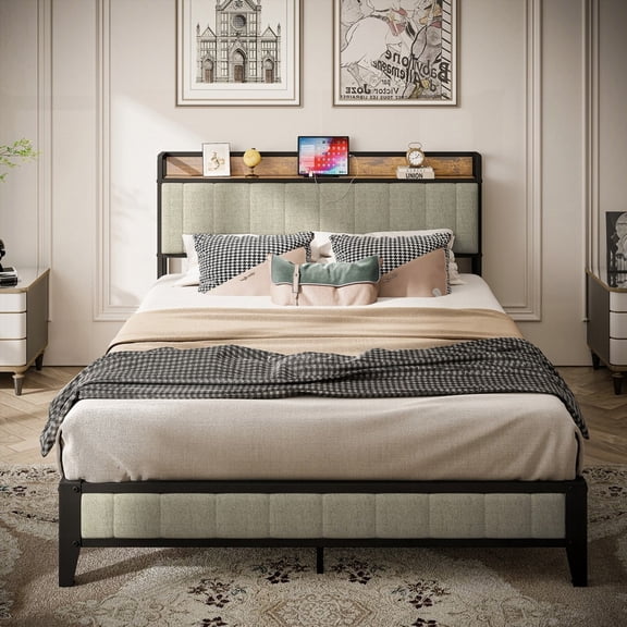 Grey Queen Size Bed Frame Featuring a Charging Station & Metal Platform