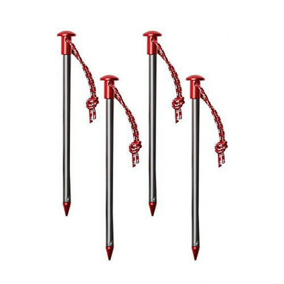 StayPut! Aero 7075 Lightweight Aluminum Anchor Peg Tent Stakes with Reflective Pull Cords for Hammock Camping and Backpacking (4-Pack, Titanium Gray & Red)