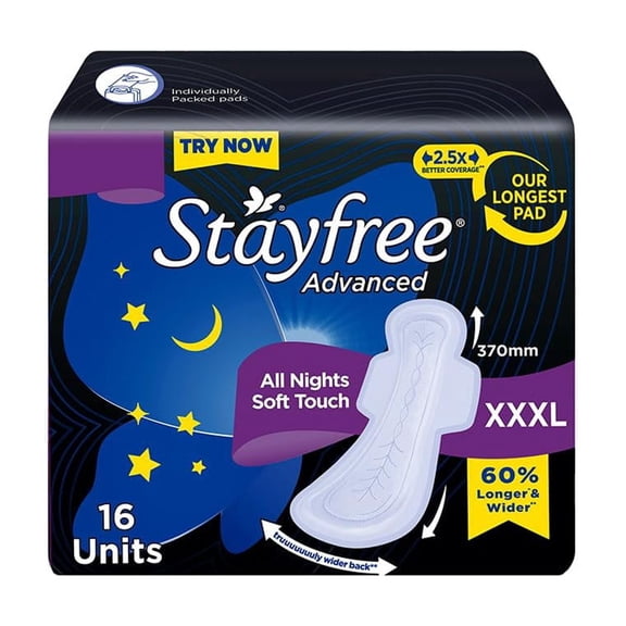 Stayfree Advanced XXXL Thin Sanitary Pads for Women, 16 Soft Cotton Pads for All Night Ultra Comfort, Absorbs 2x More with Wider Back, Prevent Rashes, Odour Control