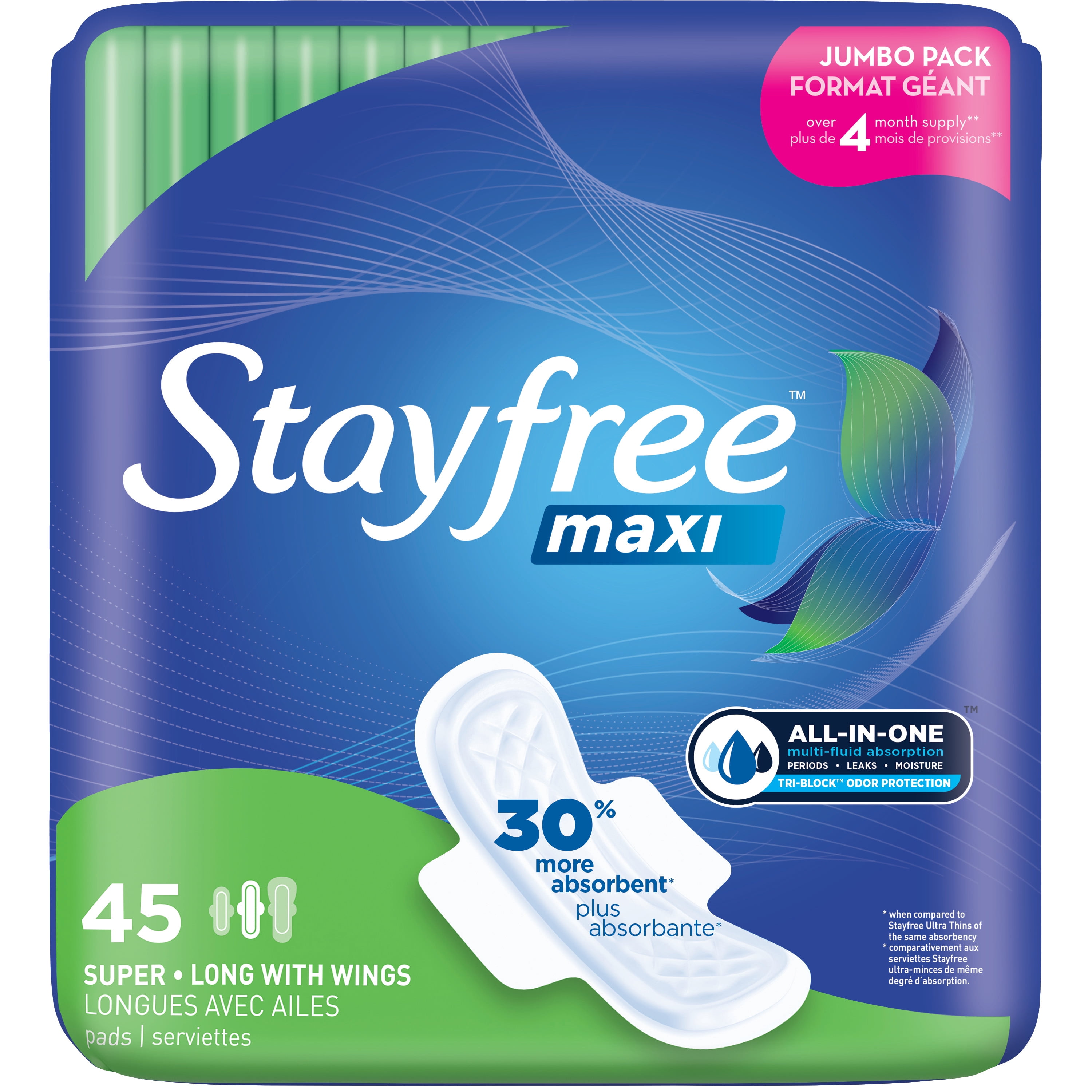 Stayfree Maxi Long Pads with Wings, Unscented, Super, 45 Ct