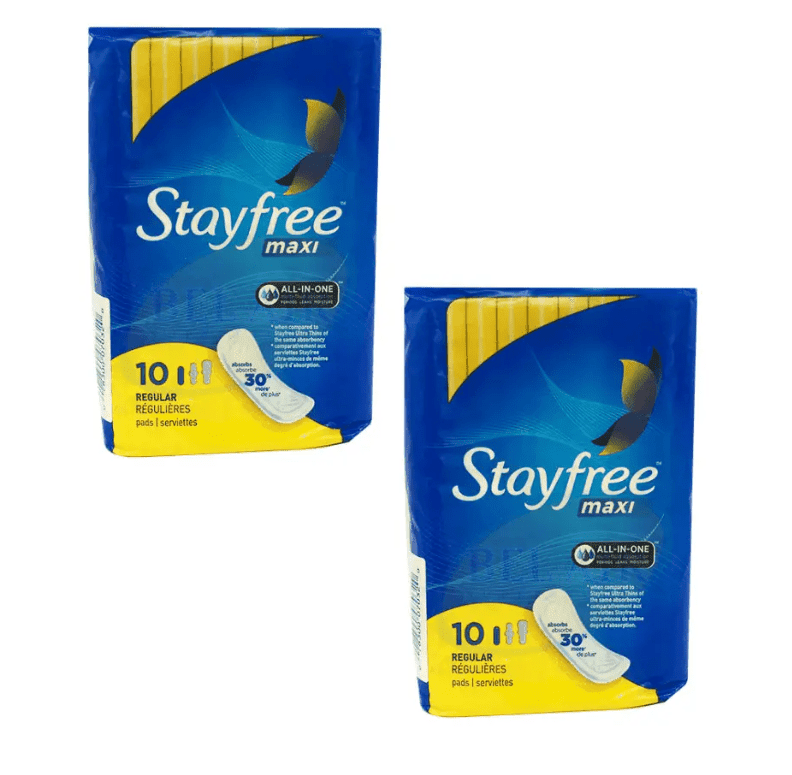 Stayfree Maxi Pads - Regular - Wingless, Unscented, 10 Count- Pack of 2