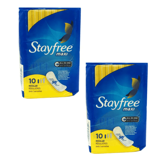 Stayfree Maxi Pads - Regular - Wingless, Unscented, 10 Count- Pack of 2