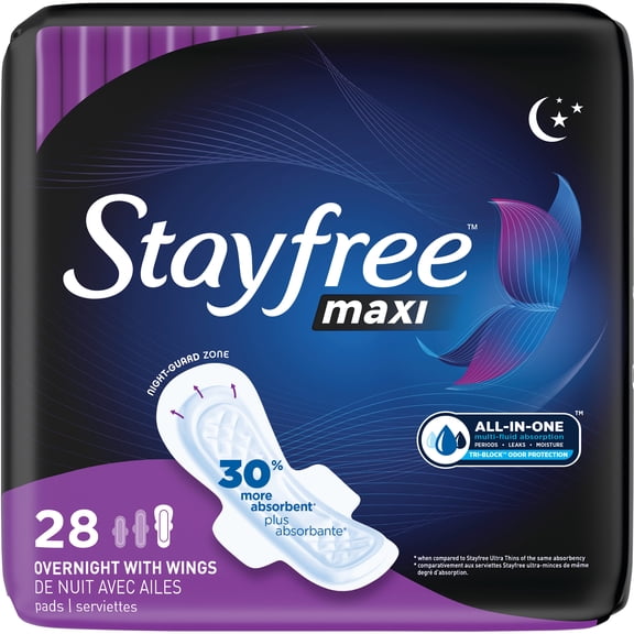 Stayfree Maxi Pads with Wings, Unscented, Overnight, 28 Ct