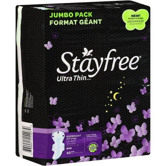 Stayfree Overnight Ultra Thin Pads With Wings, Unscented, 40 Ct