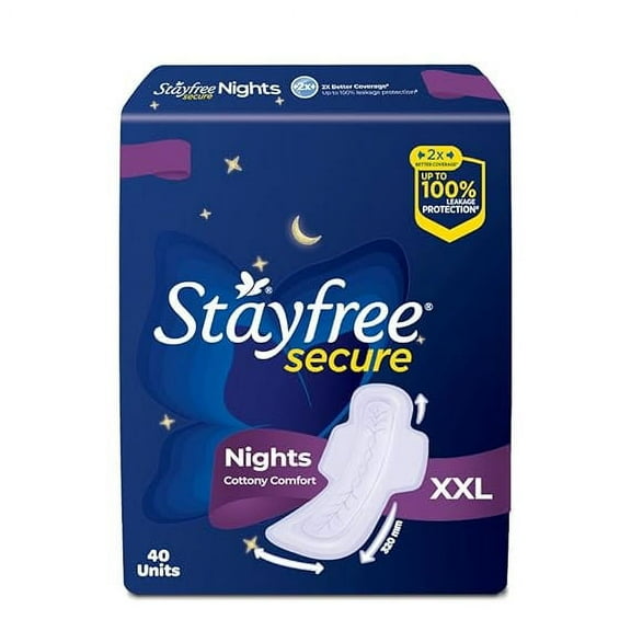 Stayfree Secure Nights XXL | 40 Pads| Cottony Soft Sanitary Pads for Women | Upto 100% leakage protection | Buy XXL at XL price | Absorbs 2x Faster with Wider Back (PACK OF 2 )