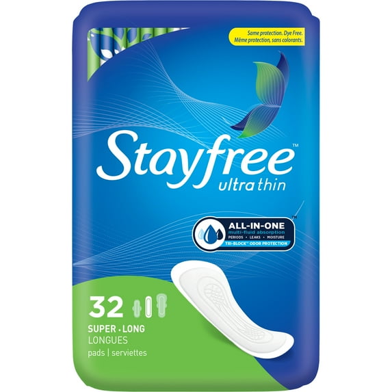 Stayfree Ultra Thin Long Super Pads Without Wings, 32 Ct, Multi-Fluid Protection For Up To 8 Hours, With Odor Neutralizer