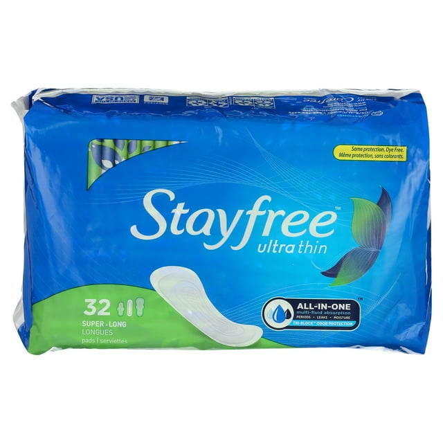 Stayfree Ultra Thin Long Super Pads Without Wings, 32 Ct, MultiFluid