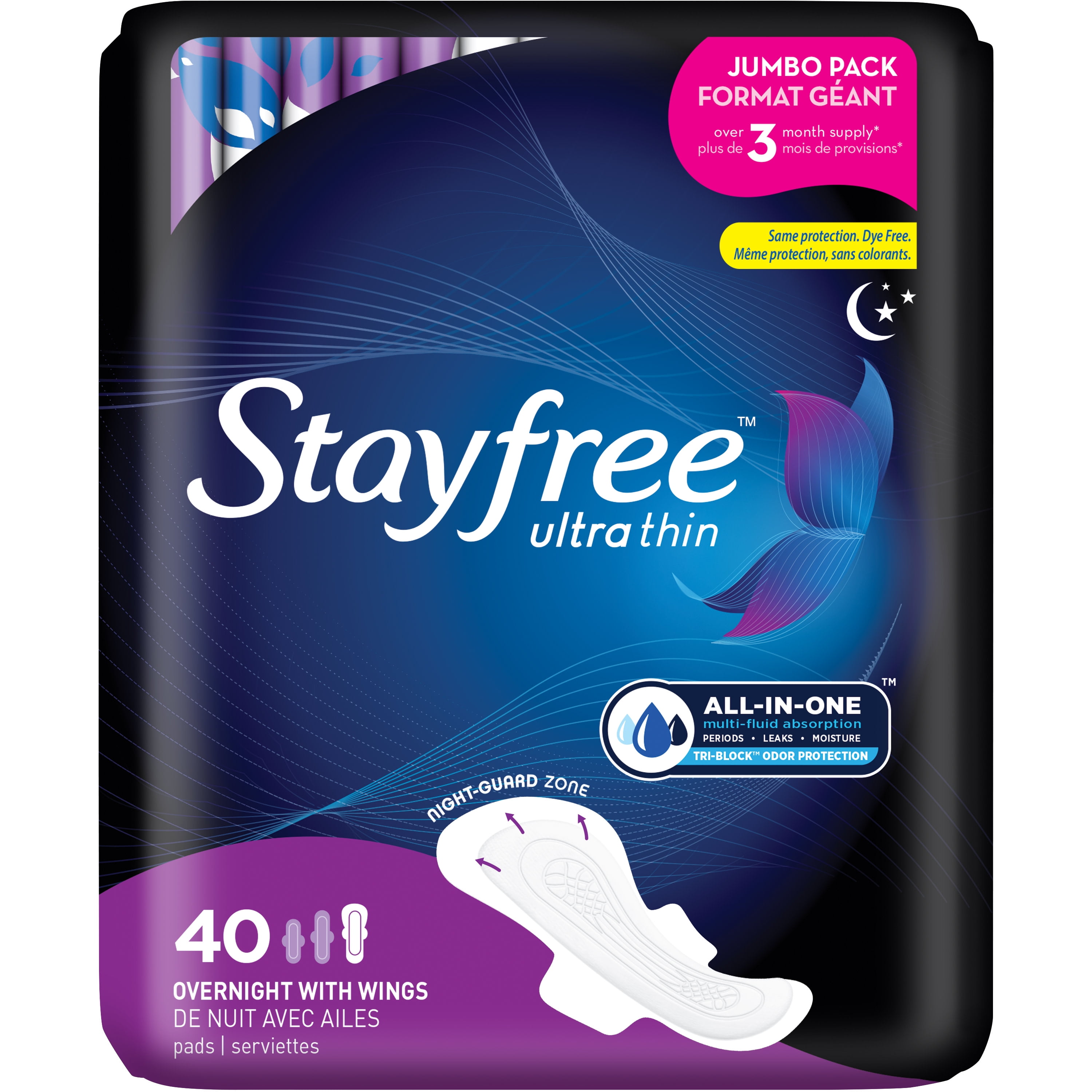 Stayfree Ultra Thin Overnight Pads With Wings, 40 Ct, Multi-Fluid  Absorption, Protection For Up To 10 Hours