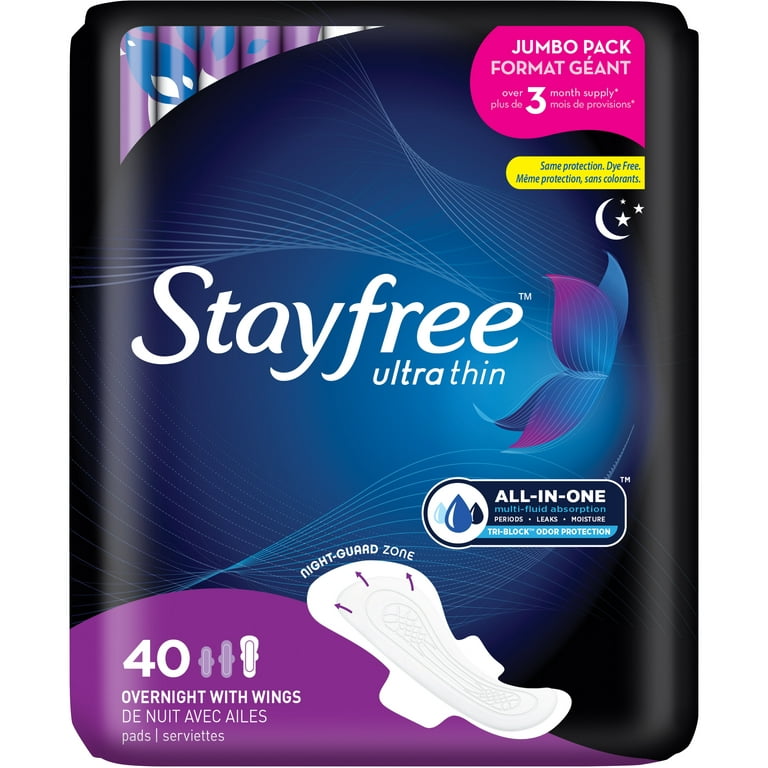 Stayfree Ultra Thin Overnight Pads With Wings, 40 Ct, Multi-Fluid
