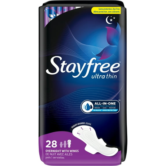 Stayfree Ultra Thin Pads with Wings, Unscented, Overnight, 28 Ct