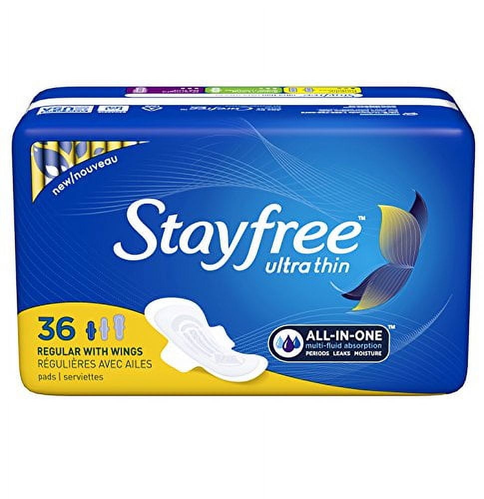Stayfree Ultra Thin Regular Pads with Wings For Women, Reliable Protection and Absorbency of Feminine Moisture, Leaks and Periods, 36 count - Pack of 4 36 Count (Pack of 4)