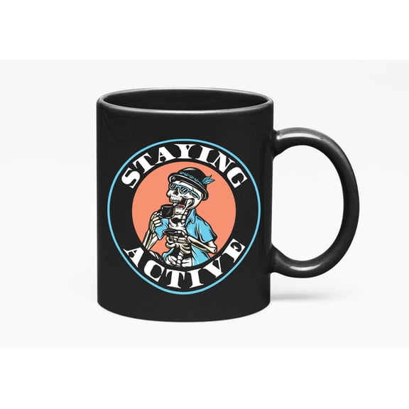 Staying Alive feat. a Drinking Skeleton, Halloween Cup, Black 11oz Ceramic Mug