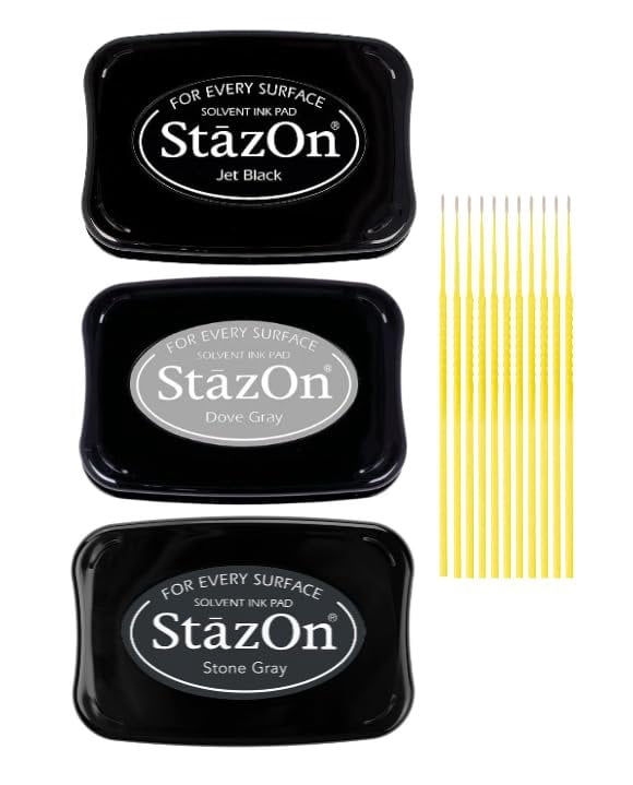 StazOn Multi-Surface Solvent Ink Pad Bundle - 3 Pk StazOn Solvent Ink Pads - Jet Black, Stone Gray, and Dove Gray - with Trebbies Detail Sticks