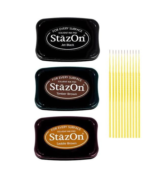 StazOn Multi-Surface Solvent Ink Pad Bundle - 3 Pk StazOn Solvent Ink Pads - Jet Black, Timber Brown, and Saddle Brown - with Trebbies Detail Sticks