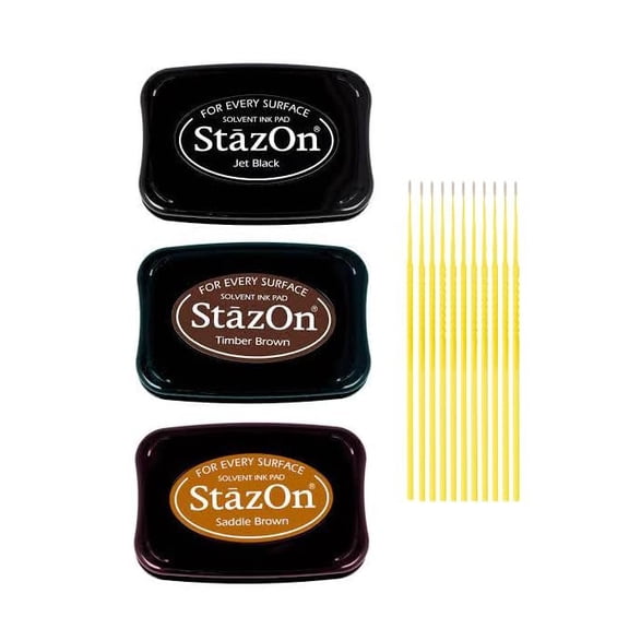 StazOn Multi-Surface Solvent Ink Pad Bundle - 3 Pk StazOn Solvent Ink Pads - Jet Black, Timber Brown, and Saddle Brown - with Trebbies Detail Sticks