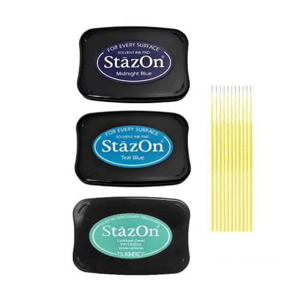 StazOn Multi-Surface Solvent Ink Pad Bundle - 3 Pk StazOn Solvent Ink Pads - Midnight Blue, Teal Blue, Caribbean Green - with Trebbies Detail Sticks