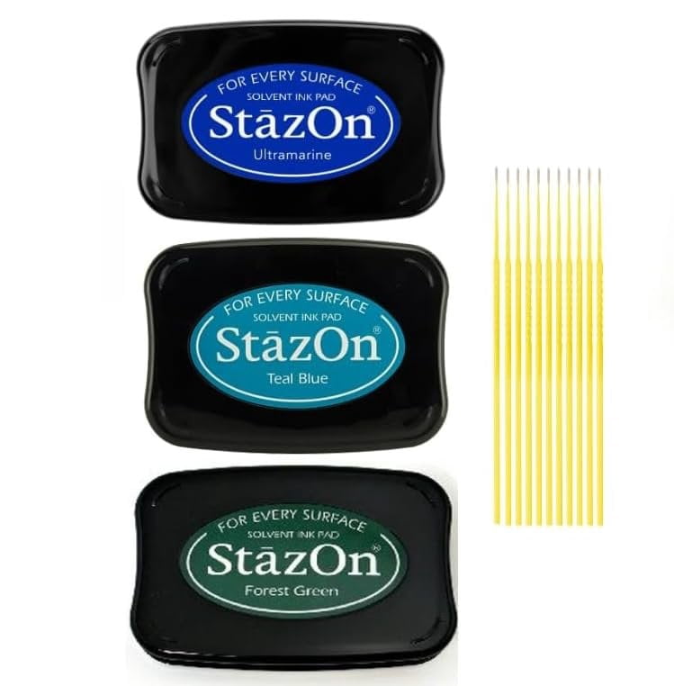 StazOn Multi-Surface Solvent Ink Pad Bundle - 3 Pk StazOn Solvent Ink Pads - Teal Blue, Ultramarine, and Forest Green - with Trebbies Detail Sticks