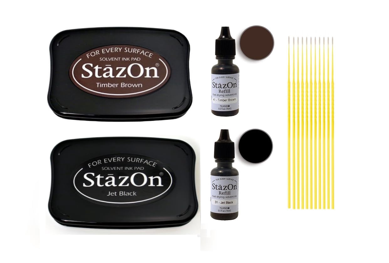 StazOn Multi-Surface Solvent Ink Pad and Reinker Bundle - StazOn Jet Black and Timber Brown Solvent Ink Pads and Reinkers - with Trebbies Detail Sticks