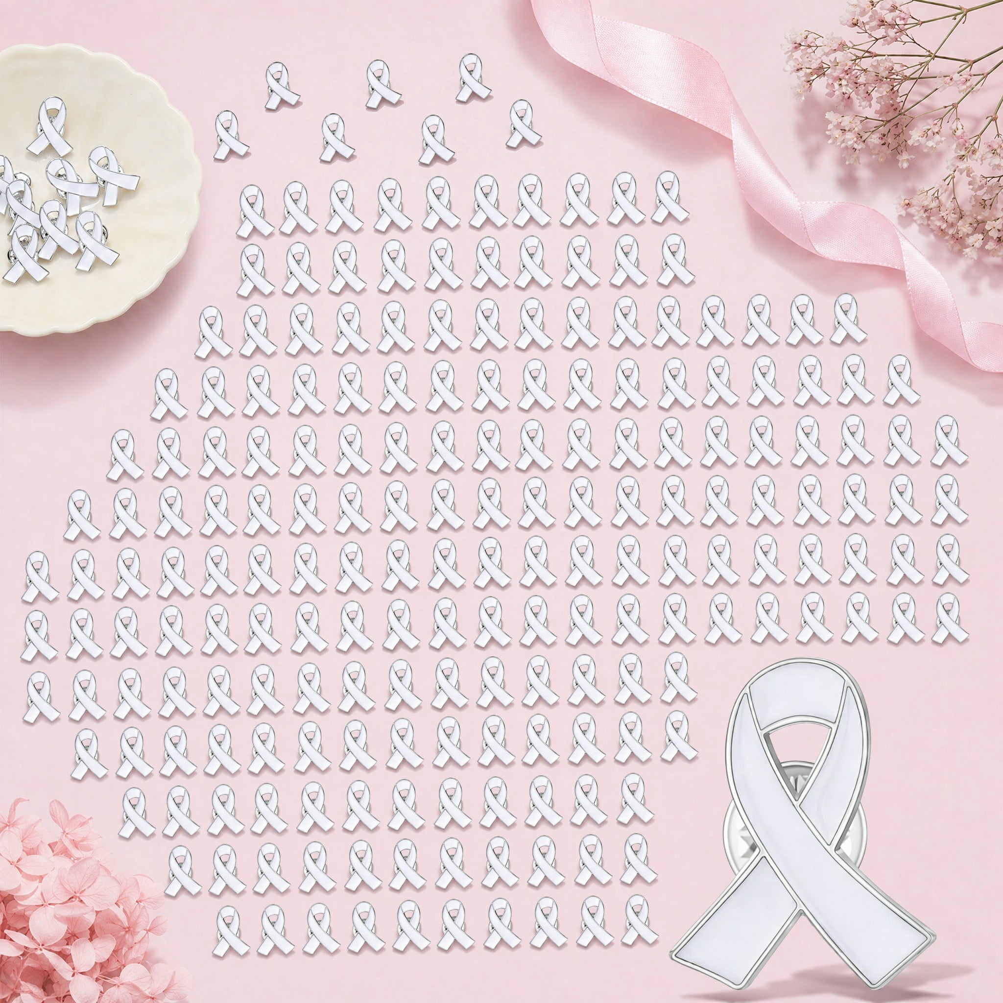 Stcellnmex 100 Pcs Lung Cancer Awareness Pin White Ribbon Enamel Lapel ...
