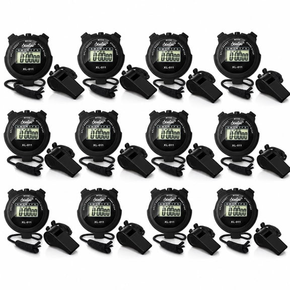 Stcellnmex 12 Pcs Black Digital Stopwatch Timer Plastic Whistle Waterproof Multi Function Electronic Fitness Alarm With Lanyard