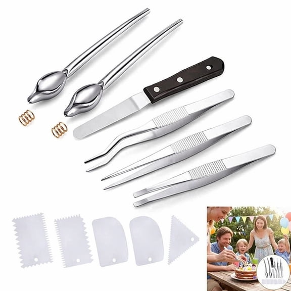 Stcellnmex 12 Pcs One Size Silver Plating Tools Set: Drizzle Spoons, Cooking Tweezers, Drawing Spoons, Dough Scrapers, Icing Spatula for Chef Cake Candy Decor