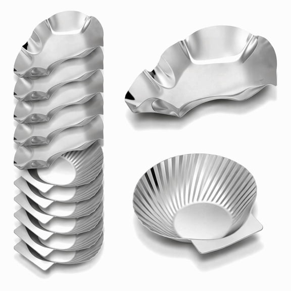 Stcellnmex 12 Pcs Reusable Large Stainless Steel Oyster Shells Grillable Scallop Shells Baking Dish Silver