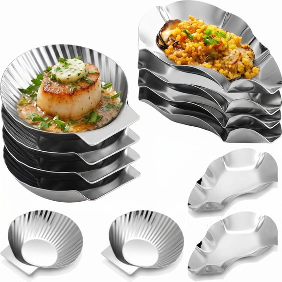 Stcellnmex 12 Pcs Reusable Large Stainless Steel Oyster Shells Grillable Scallop Shells Baking Dish Silver