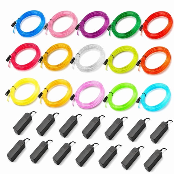 Stcellnmex 15 Pack 10ft Neon Light El Wire Battery Powered Portable Cuttable LED Glowing Wire Lights for Halloween Party Decor