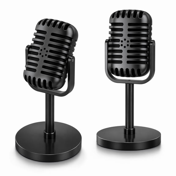 Stcellnmex Fake Microphone Props, with Stand, Vintage Plastic, Retro Antique, Stage Table Costume Decor, Black, 2 Pack