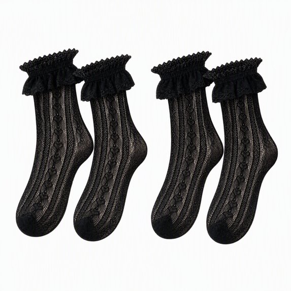 Stcellnmex 2 Pairs Black Women Lace Socks, Ruffle Frilly Ankle Socks, Cute Lolita Lace Trim Dress Socks for Accessories