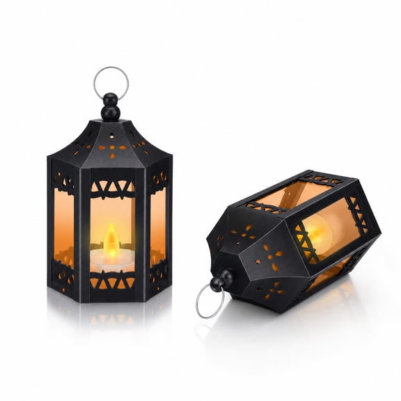 Stcellnmex 2 Pcs Mini Vintage Lantern Black Battery Powered LED Candle Lamp Hanging Tealight Lantern for Wedding Home Indoor Outdoor Party Decor
