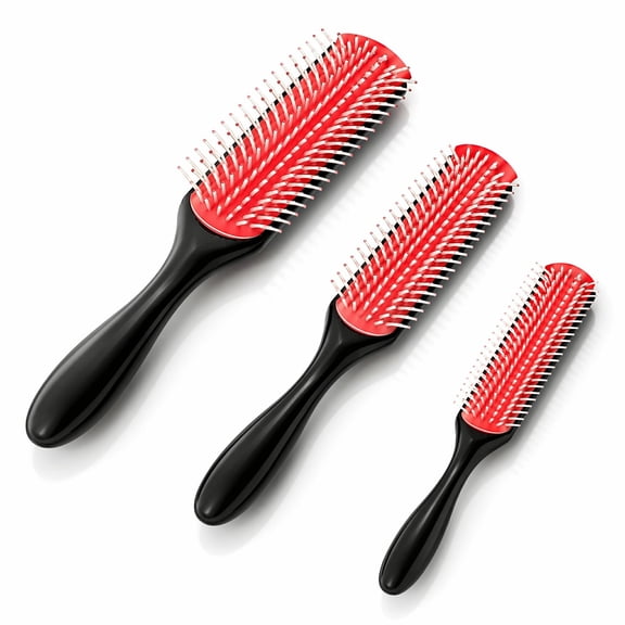Stcellnmex 3 Sizes Cushion Nylon Hair Brush, 9-Row 5-Row Detangling Brush for Natural Curly Hair, Volumizing Shaping Separating Defining Curls (Red Black)