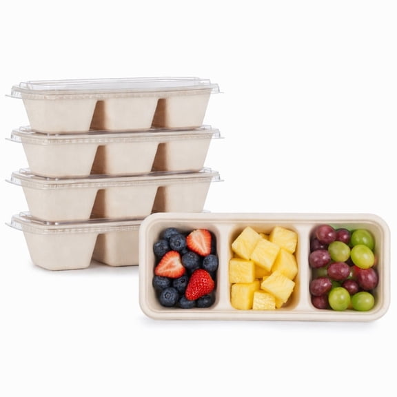Stcellnmex 5 Pack 17oz 3 Compartment Disposable Paper Bento Box With Lid Stackable Meal Prep Snack Food Container For Office Picnic Travel