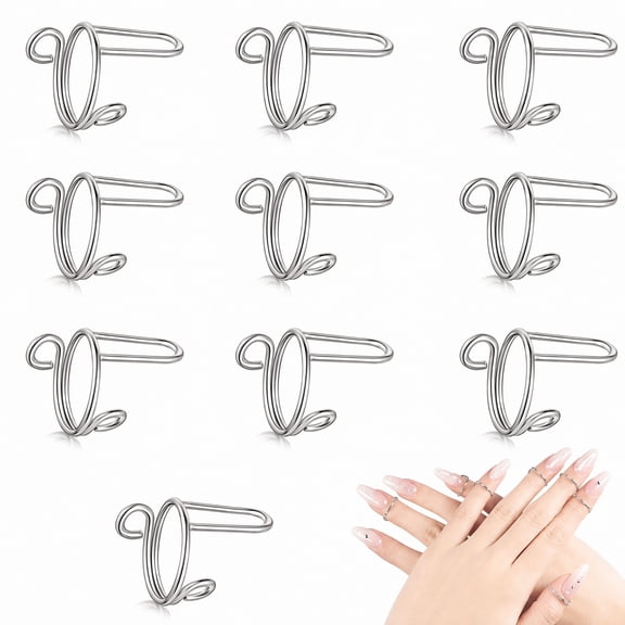 Stcellnmex Adjustable Reusable Nail Rings No Adhesive Fingernail Decoration Silver 10 Pack