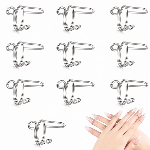 Stcellnmex Adjustable Reusable Nail Rings No Adhesive Fingernail Decoration Silver 10 Pack
