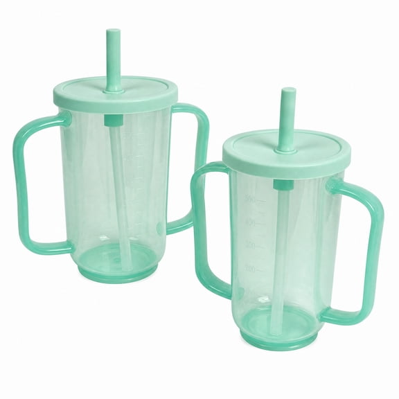 Stcellnmex Adult Sippy Cups, 12 oz Spill Proof Dysphagia Cup with 2 Handles & Straw, for Elderly Disabled Patients, Green, 2 Pcs