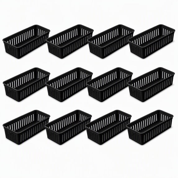 Stcellnmex Black 12 Pack Slim Plastic Storage Baskets, 10.25 x 3.25 x 2.5 Inch Narrow Stackable Drawer Organizer Trays for Desk, Cabinet, Garage