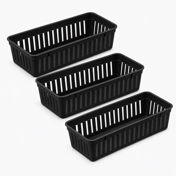 Stcellnmex Black 3 Pack Slim Plastic Storage Baskets, 10.25 x 3.25 x 2.5 Inch Narrow Stackable Drawer Organizer Trays for Desk, Cabinet, Garage